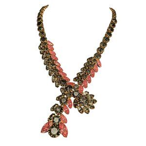 Vintage Black & Pink Prong Set Rhinestone Statement Necklace Gold Tone Metal